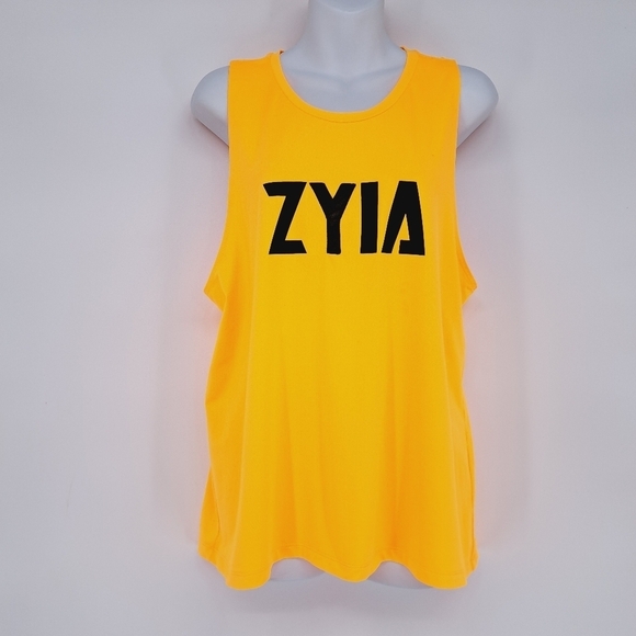 ZYIA Tops - Zyia Active Vibrant Neon Orange Sheer Mesh‎ Cut Out Logo Tank Top Size Medium